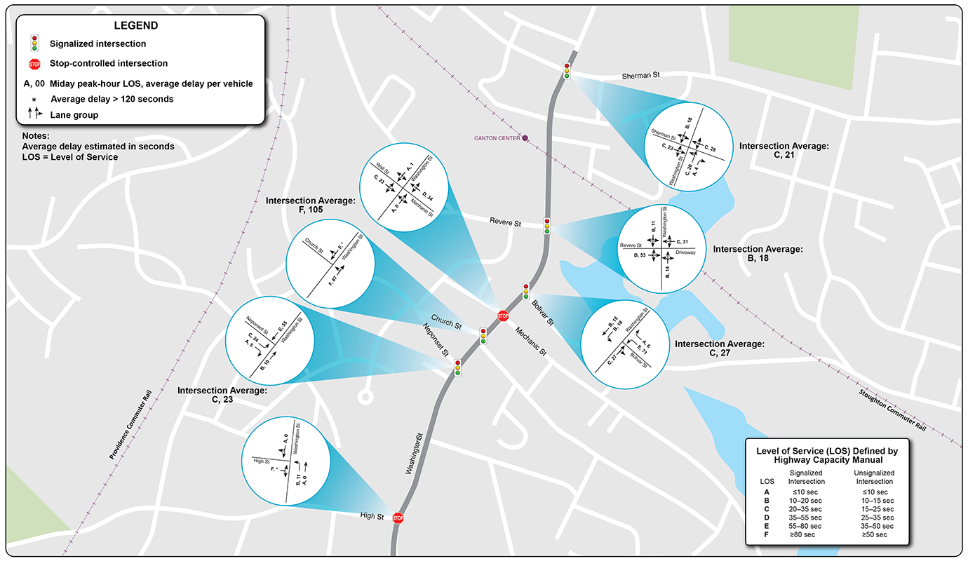 Figure 12: Saturday Peak-Hour ICA, Part 1
A map of the northern half of the Washington Street corridor (between Sherman Street and High Street) is shown on this figure. Seven intersections are highlighted, and the existing Saturday levels of service for each of those intersections are displayed on the map.